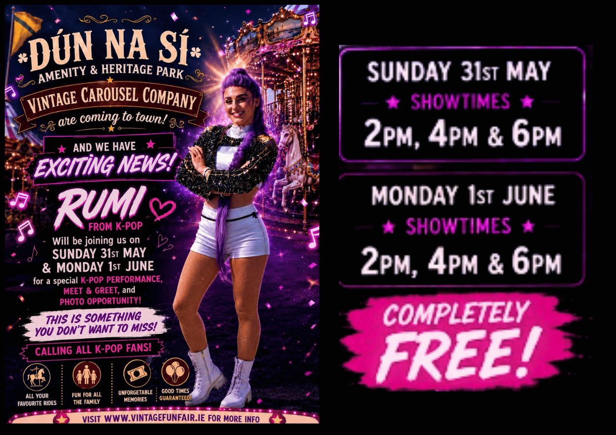 Rumi from K-Pop joins the Vintage Carousel Company at Dún na Sí Heritage Park for free live performances, meet & greets, and photo opportunities on 31 May and 1 June.