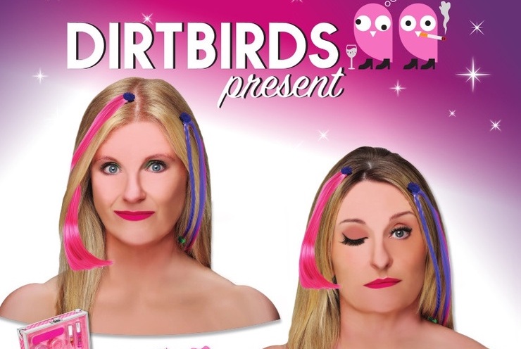2 female heads in the style of child's toy with make up and pink streak in hair, one winking with an eye closed.