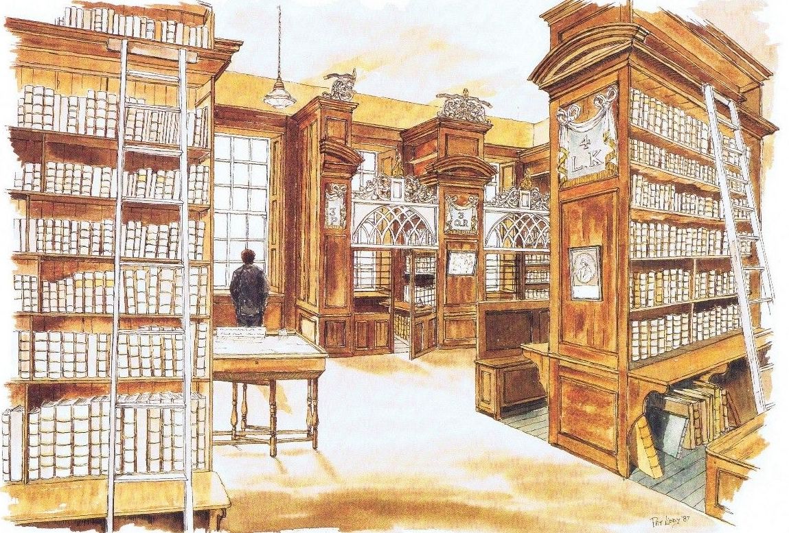 Illustration in shades of light brown and white of an old library by Pat Liddy