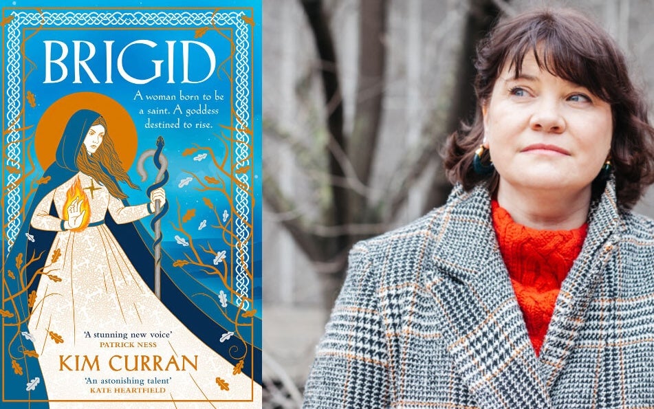 author Kim Curran in conversation with Donal Fallon, a woman in grey coat beside image of front cover of a book