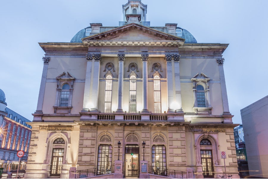 Evening view of hotel facade