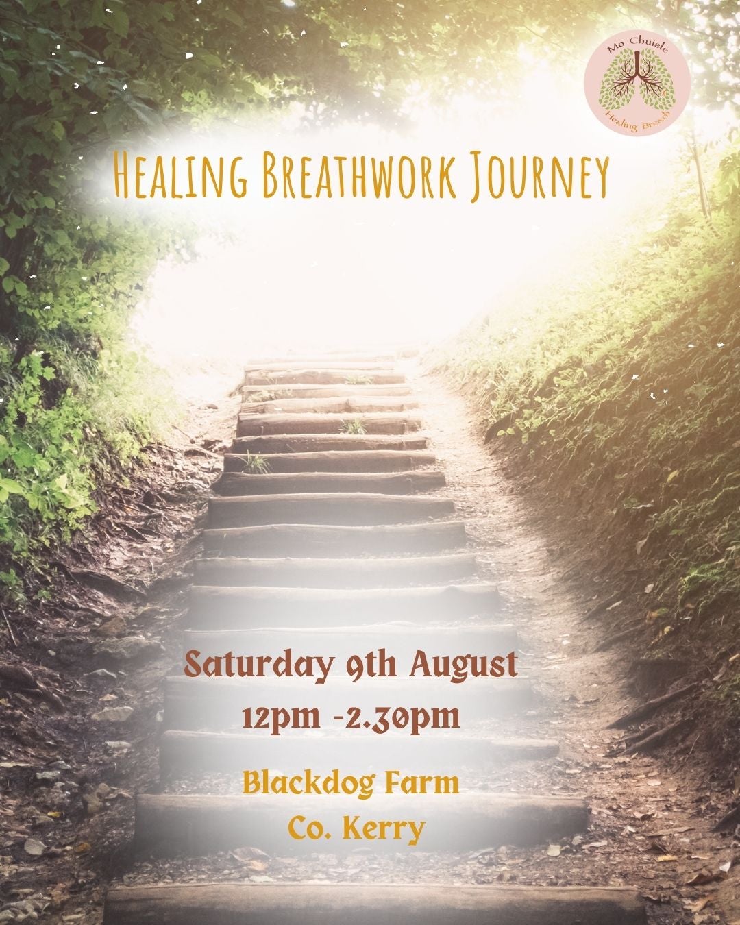 A Healing Breathwork Journey - poster showing set of outdoor steps leading up through greenary.