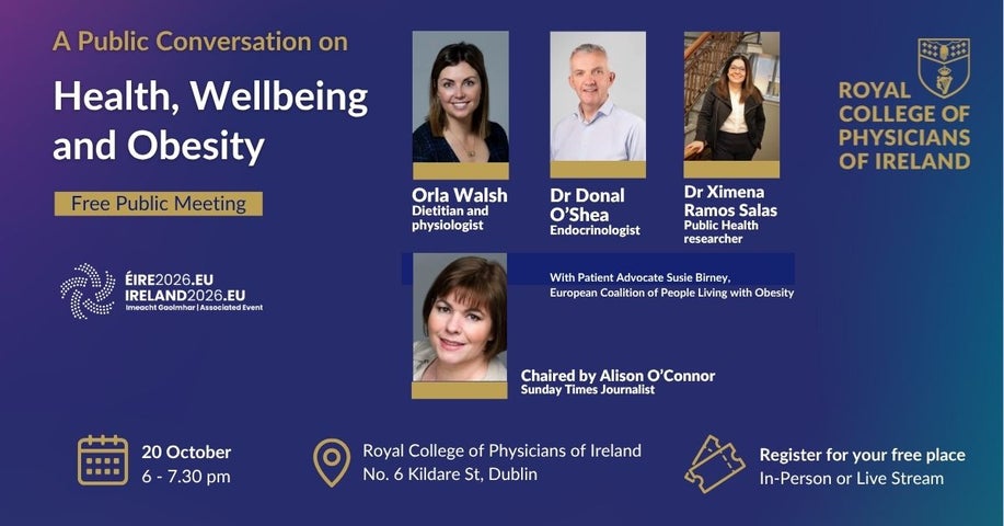 Graphic featuring four speaker headshots and details of the Royal College of Physicians of Ireland's Annual Public Meeting which takes place on 20 October at 6 pm at No. 6 Kildare Street, Dublin and will be live streamed.