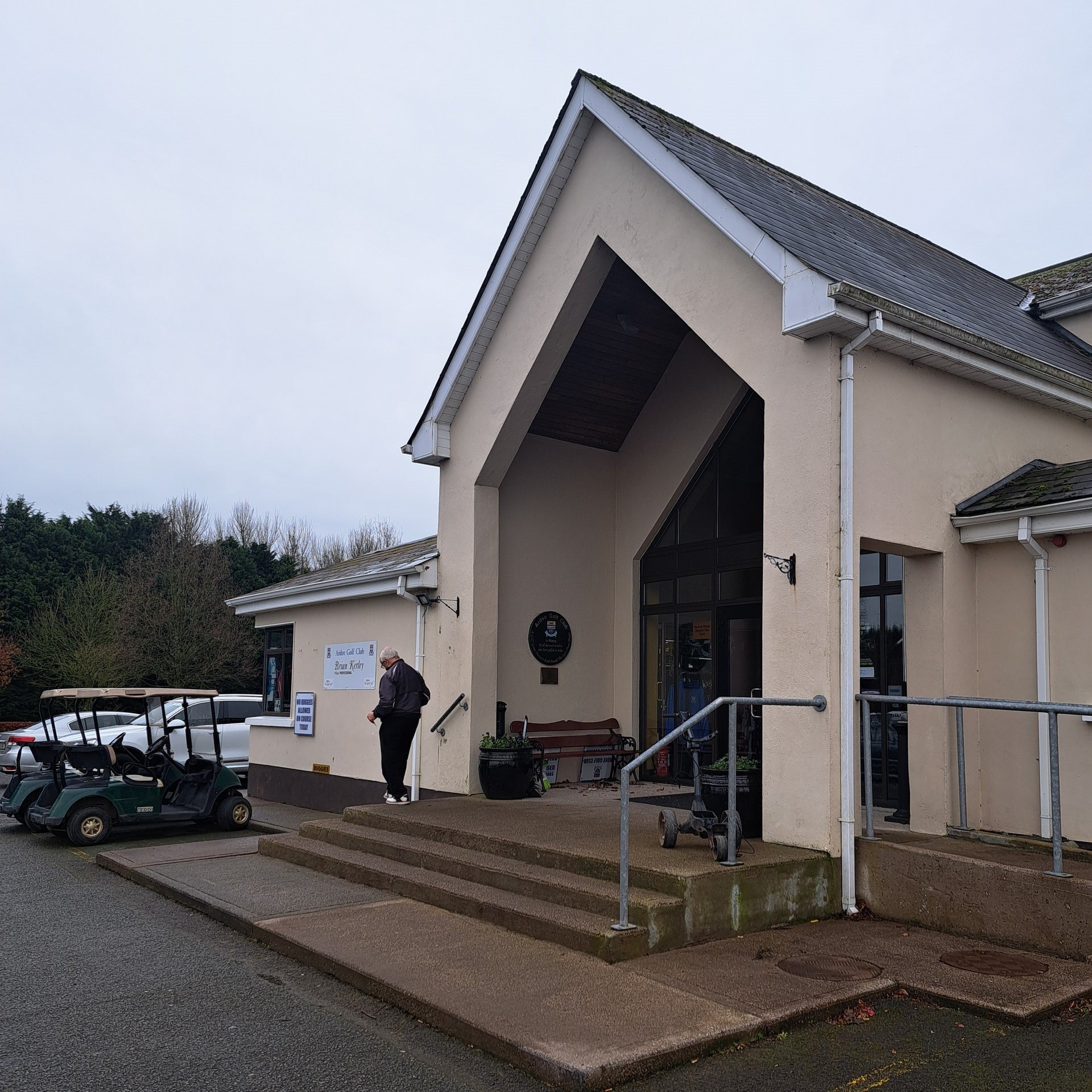 Entrance to a building with steps leading up to it and some golf buggies to the left