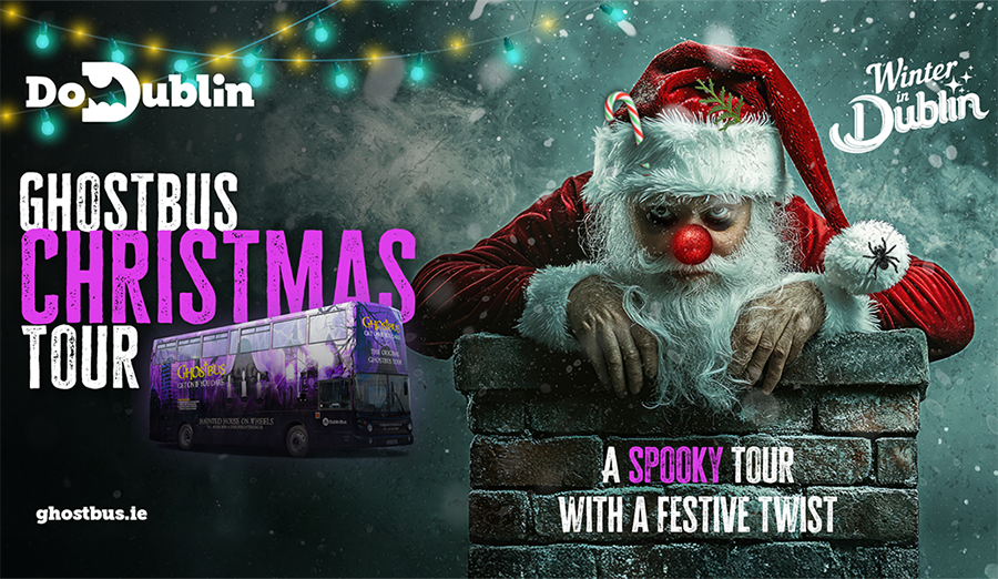 Advertising image of the Ghostbus Christmas Tour featuring a scary santa
