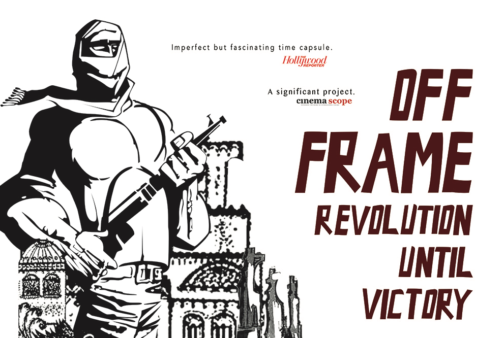 Black and white sketch of person with face covered holding a fire arm with buildings behind and large black event text against plain white background.