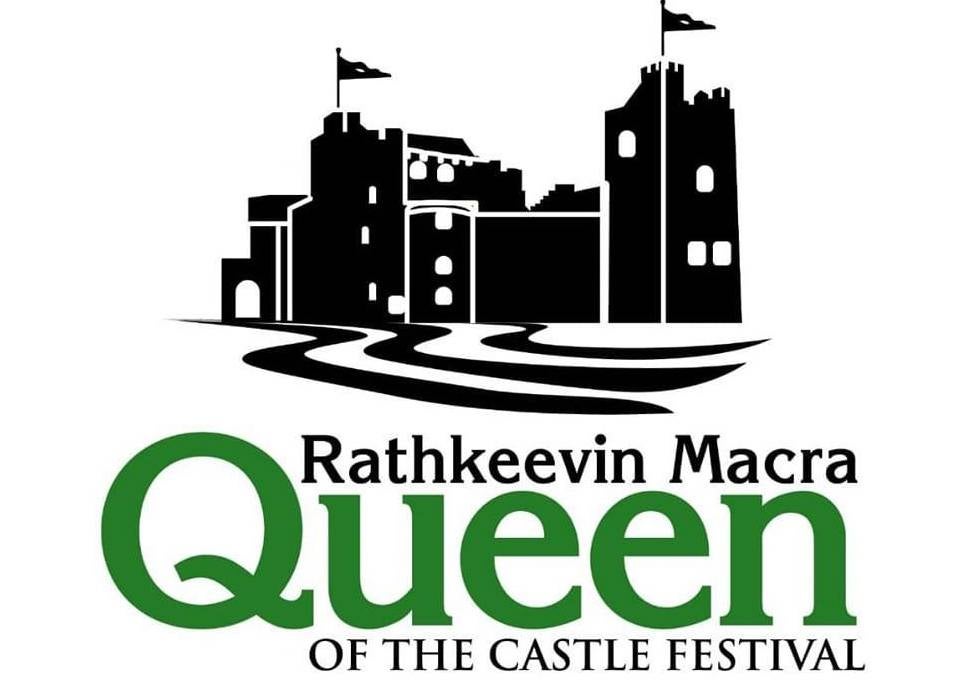 Simple black silhouette of a castle with towers and flag against a white background with black or dark green event text below.