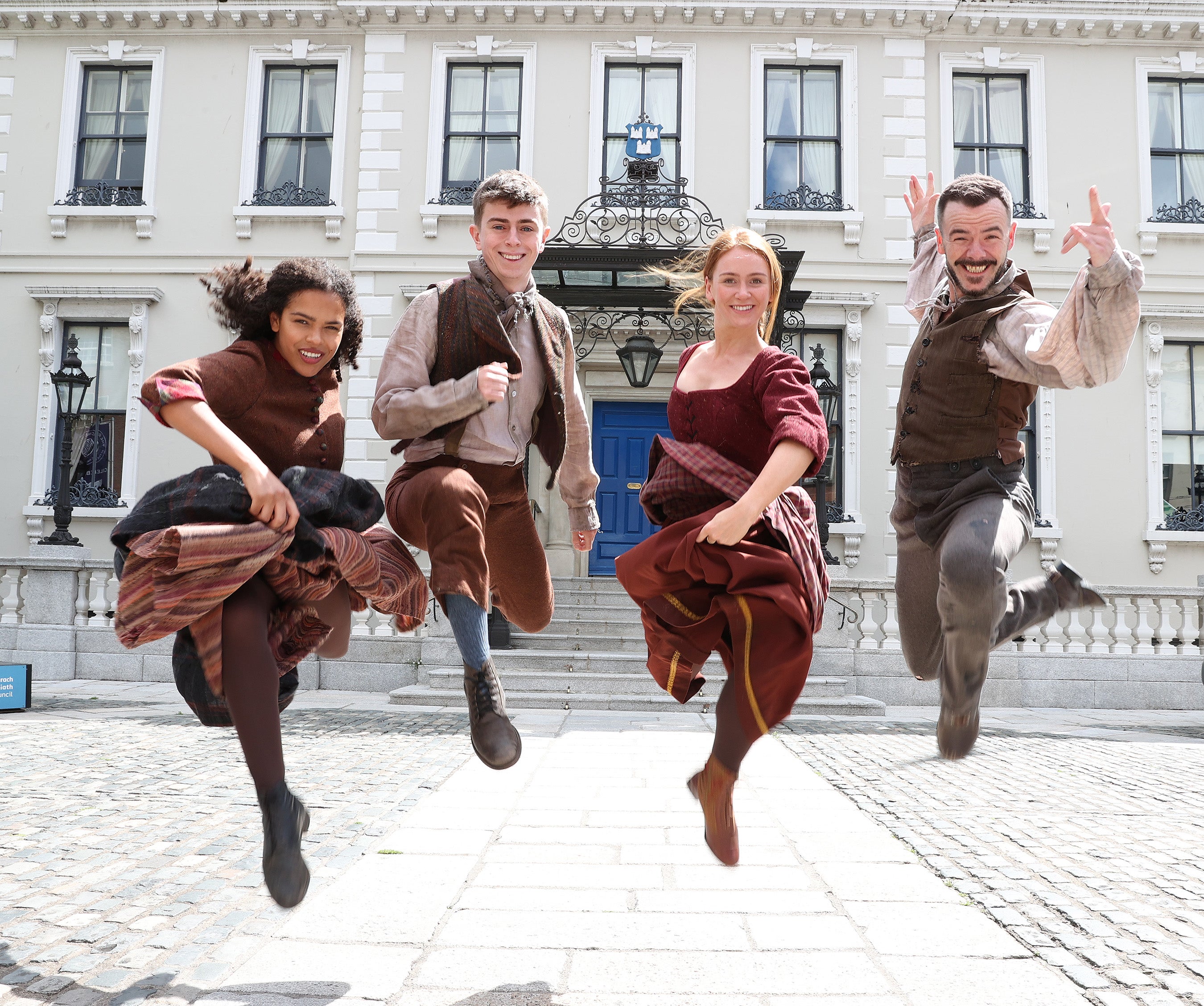 Irish Dancing members of the cast of Celtic Exodus showcase their talents outside the historic Mansion House ahead of  the summer run. Choreographed  by former Riverdance lead Jason O'Neil, it is set against the backdrop of the Irish Famine