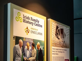 Two storyboards side by side with information and images of people researching family history