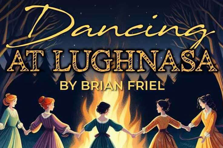 Cartoon type image of 5 women in long dresses holding hands in a line, in front of a large bonfire.