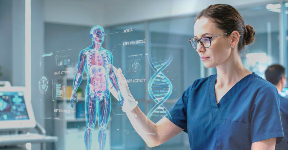 Healthcare professional interacting with a holographic human anatomy model and DNA strand in a futuristic medical lab.
