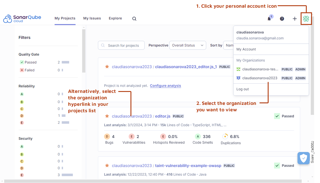 Retrieving and viewing your organizations | SonarQube Cloud Documentation
