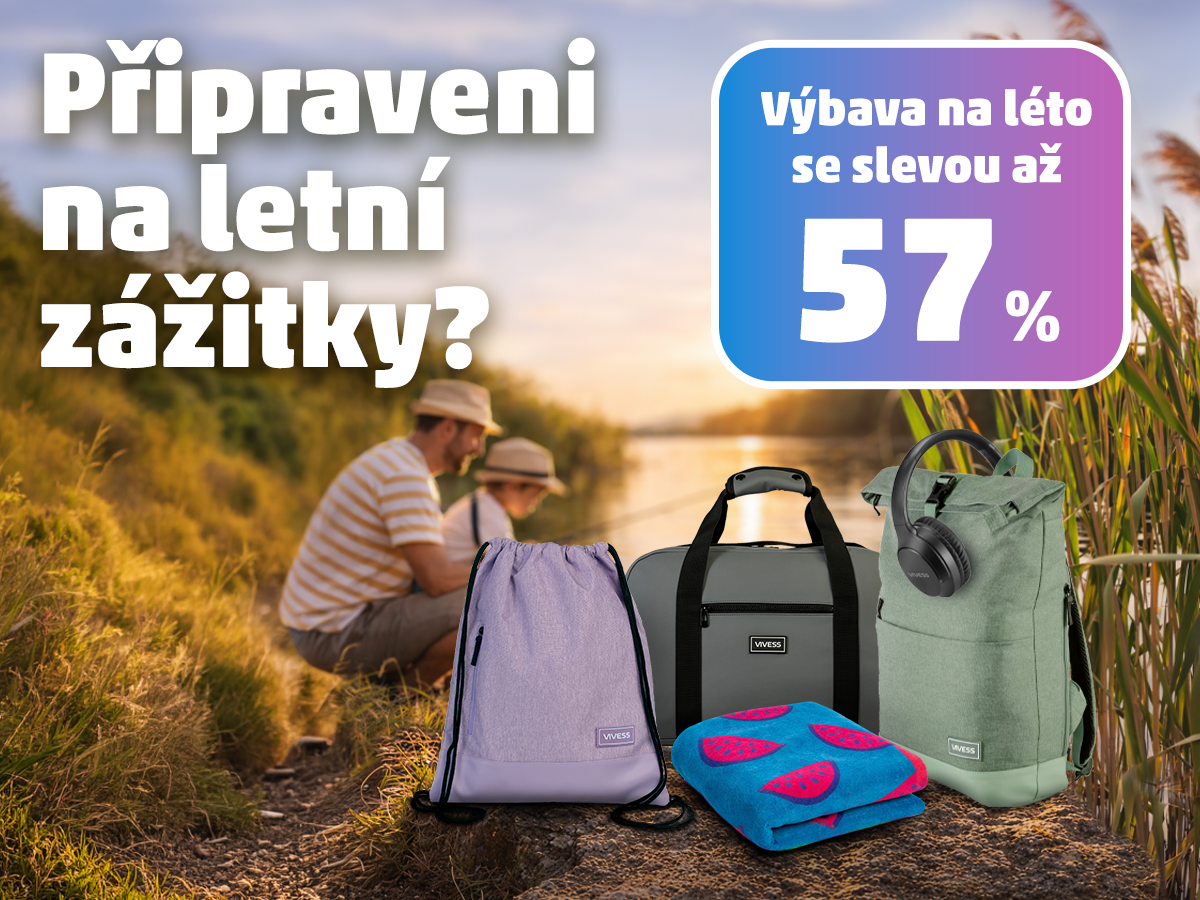 Úvodní banner s letní výbavou VIVESS, jako jsou batohy, taška, ručník a sluchátka. Text: „Připraveni na letní zážitky? Výbava na léto se slevou až 57 %.“