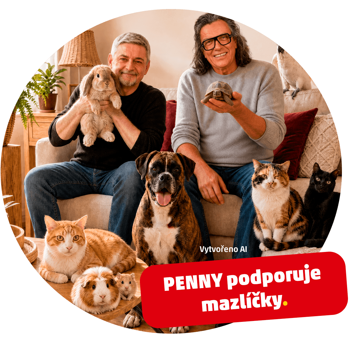 AI vizuál Richarda Genzera a Michala Suchánka s mazlíčky. Text: „PENNY podporuje mazlíčky.“ Vizuál byl vytvořen pomocí AI.