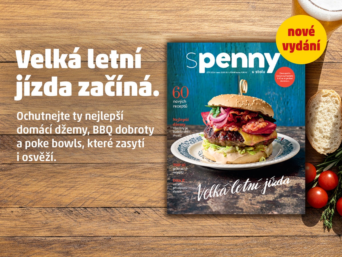 Banner magazínu S PENNY u stolu s názvem "Velká letní jízda začíná". Na obálce je obrázek hamburgeru a text o nejlepších domácích džemech, BBQ dobrotách a poke bowls, které zasytí a osvěží.