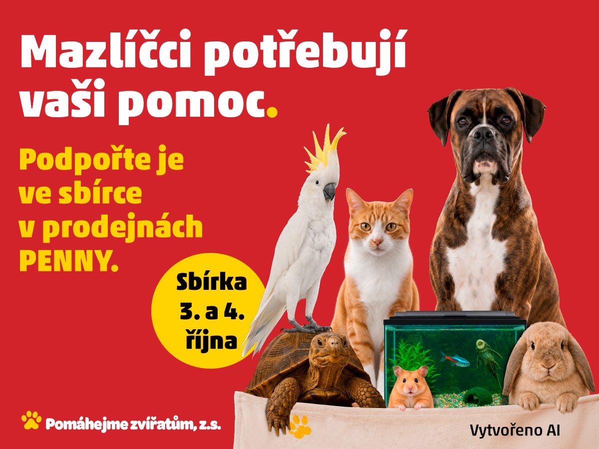 Úvodní banner sbírky organizace Pomáhejme zvířatům, z. s. Text: „Mazlíčci potřebují vaši pomoc. Podpořte je ve sbírce v prodejnách PENNY.“ Sbírka probíhá 3. a 4. října.
