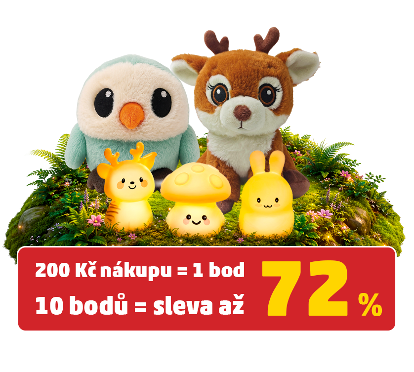 Plyšová sova a srnka s lampičkami z věrnostní kampaně PENNY Kouzelný les. Za každých 200 Kč nákupu získáte 1 bod, za 10 bodů slevu až 72 % na produkty z kampaně.