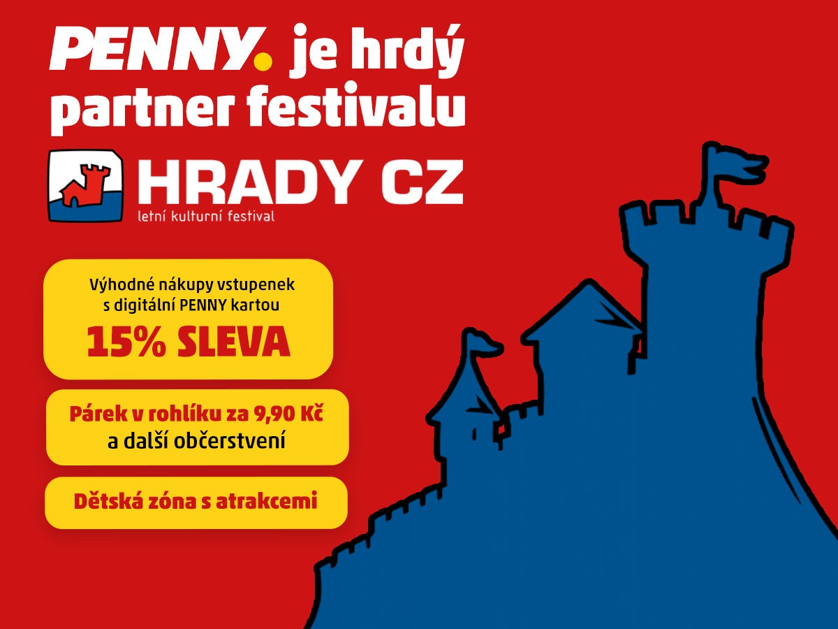 Banner PENNY jako partnera festivalu Hrady CZ. Text: „PENNY je hrdý partner festivalu Hrady CZ“. Nabídka: 15% sleva na vstupenky s digitální PENNY kartou, párek v rohlíku za 9,90 Kč a dětská zóna s atrakcemi.