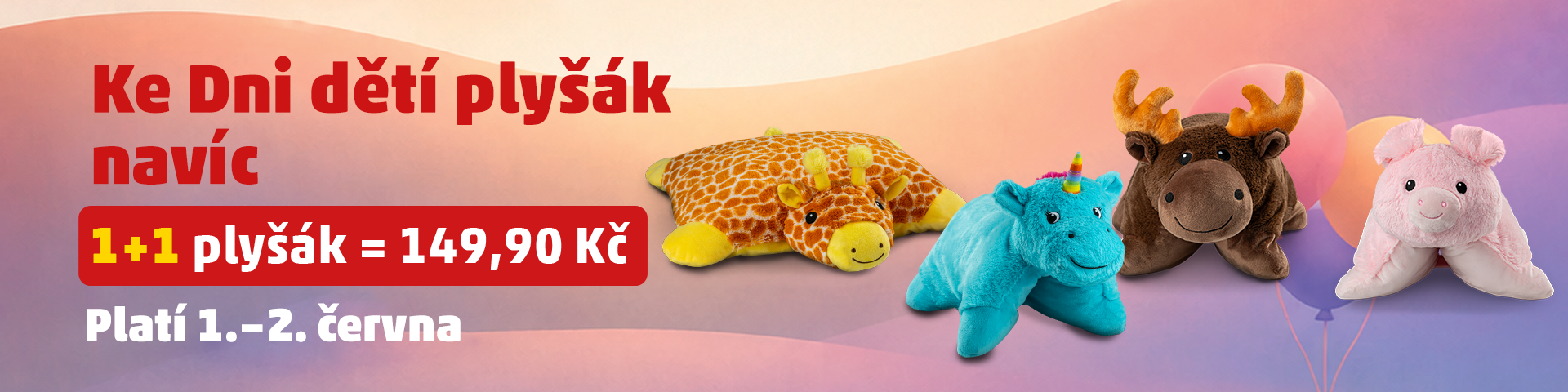 Banner ke dni dětí s akcí 1+1 plyšák zdarma.