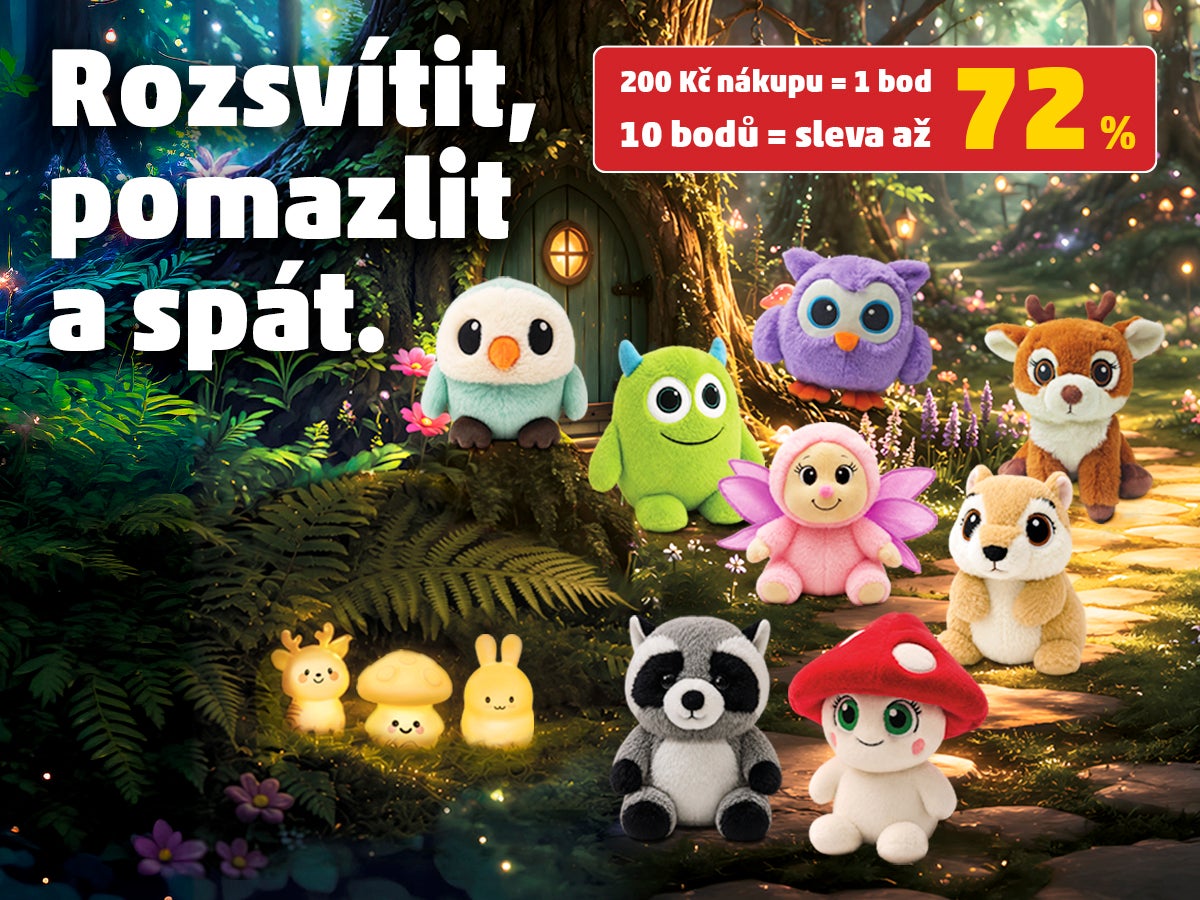 Úvodní banner věrnostní kampaně PENNY s plyšáky a lampičkami z kouzelného lesa. Text: „Rozsvítit, pomazlit a spát.“ Za každých 200 Kč nákupu získáte 1 bod, za 10 bodů slevu až 72 % na produkty z kampaně.