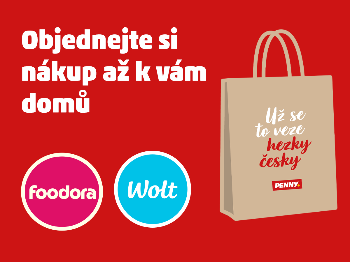 Banner propagující objednání nákupu domů přes aplikace Foodora a Wolt. Na obrázku je zobrazen nákupní taška s nápisem 'Už se to veze hezky česky' a logy aplikací Foodora a Wolt. Nad taškou je text 'Objednejte si nákup až k vám domů'.