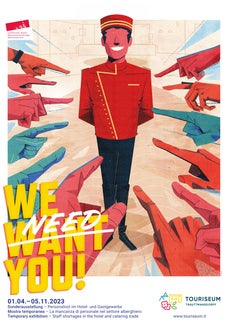 Hochaktuell: Die Sonderausstellung „We need you – Personalnot im Hotel- und Gastgewerbe“ im Touriseum ist noch bis zum 5. November 2023 zu sehen. (Foto: Touriseum)