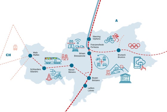 L’AltoAdigePlan per la mobilità  di domani riunisce tutte le  misure in tutti i settori della mobilità e porterà alla sostenibilità del sistema in sette passi. I sette passi del Piano sono: 1. Treno come spina dorsale del sistema, 2. Mobilità ciclistica, 3. Intermodalità, 4. Digitalizzazione, 5. Brenner  Digital Green Corridor, 6. Infrastrutture  stradali, 7. Valorizzazione  dei territori  sensibili. (Infografica: Katrin Gruber)