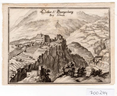 L'immagine mostra la più antica veduta di Castel Tirolo, realizzata da Matthäus Marian intorno al 1656. (Foto: Castel Tirolo)