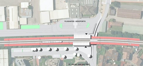An der neuen Bahnhaltestelle St. Jakob soll es zwei Bahnsteige jeweils mit Warteraum und Fahrkartenschalter geben. (Skizze: LPA/Mobilitätsressort des Landes)