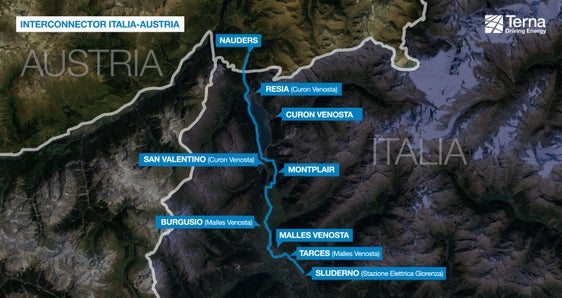 Nella cartina, il tracciato dell'elettrodotto tra le stazioni elettriche di Glorenza e Nauders (Foto: Terna)