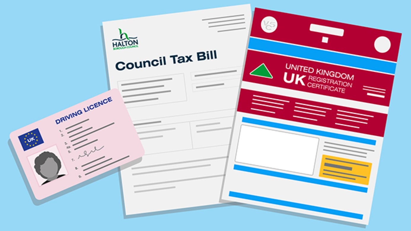 Illustration of a UK driving licence, council tax bill, and vehicle registration certificate.