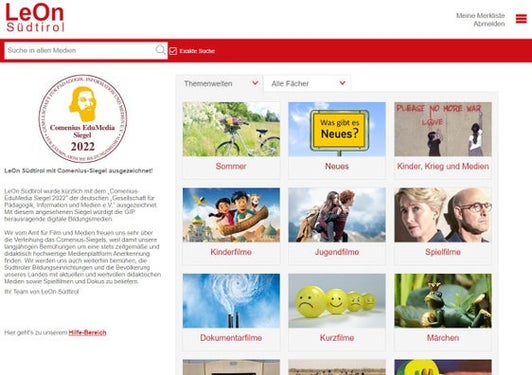 La homepage del portale media LeOn dell'Ufficio Film e media della Ripartizione Cultura in lingua tedesca della Provincia