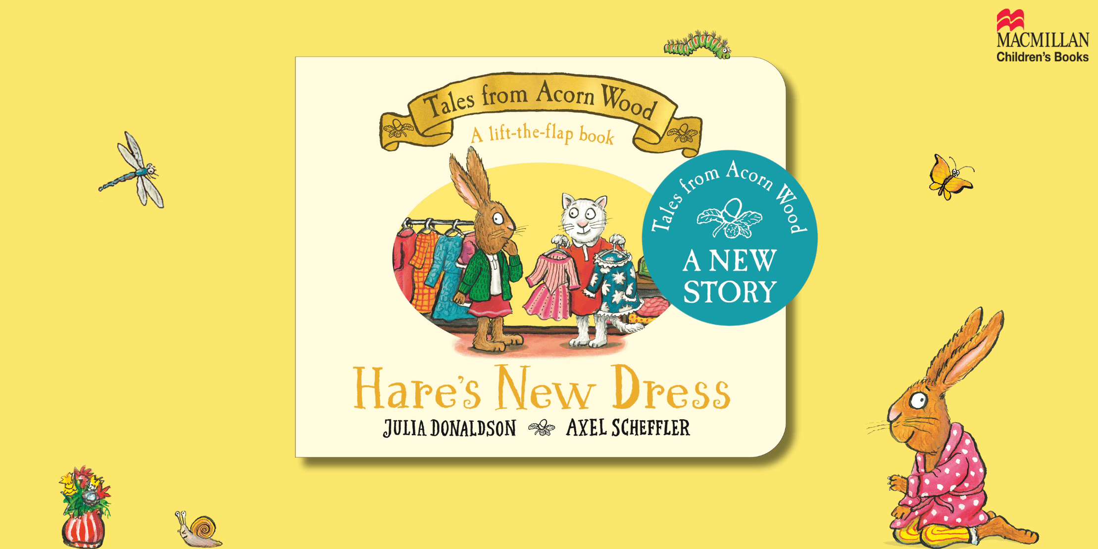 Hare's New Dress book jacket with 'a new story' flash - image of Hare in a dressing gown and bugs surround the book