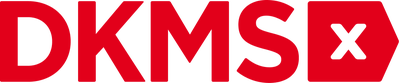 DKMS logo in bold red letters with a stylized 'X' inside a red arrow with five corners on the right.