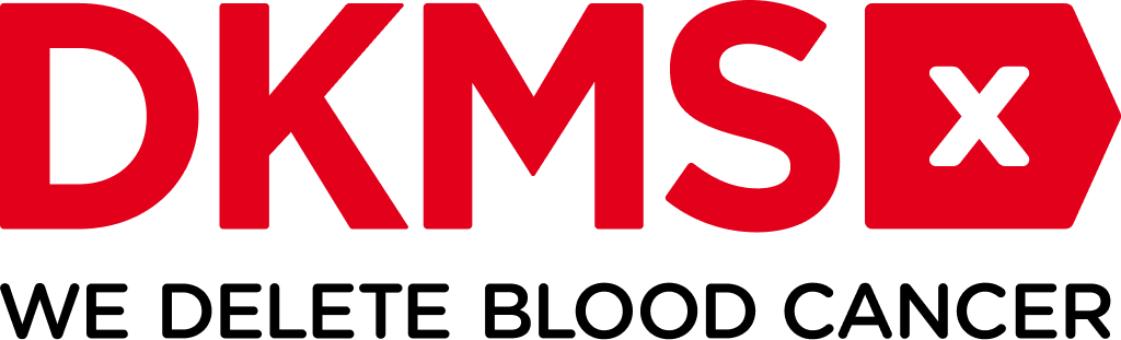 DKMS logo in bold red letters with a stylized 'X' inside a red arrow with five corners on the right, and the tagline 'We Delete Blood Cancer' underneath.
