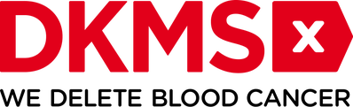 DKMS logo in bold red letters with a stylized 'X' inside a red arrow with five corners on the right, and the tagline 'We Delete Blood Cancer' underneath.