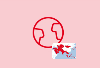 A red globe icon on a pink background with a small map overlay in the bottom right corner highlighting parts of Asia in red.