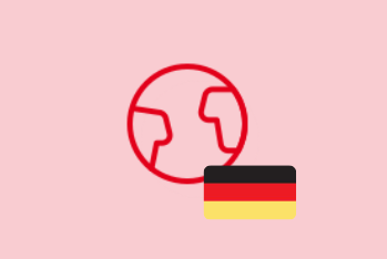 A red globe icon on a pink background with a small overlay of the German flag in the bottom right corner.