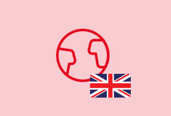A red globe icon on a pink background with a small overlay of the UK flag in the bottom right corner.