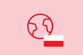 A red globe icon on a pink background with a small overlay of the Polish flag in the bottom right corner.