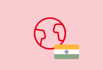 A red globe icon on a pink background with a small overlay of the Indian flag in the bottom right corner.
