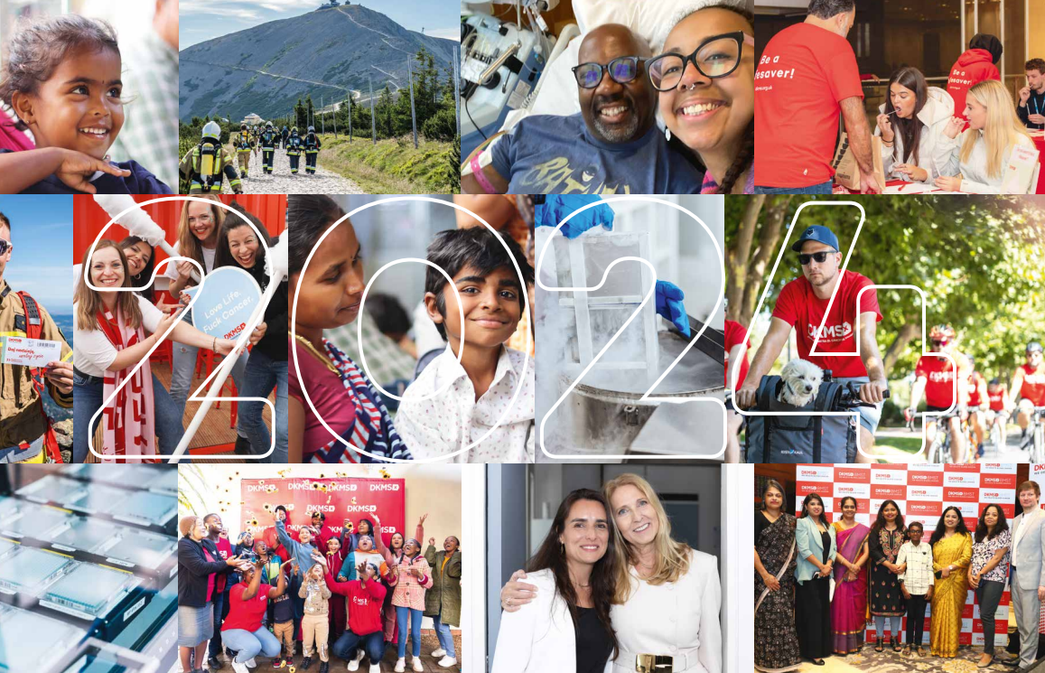 A collage of diverse DKMS moments in 12 photos from around the world. The large transparent number "2024" overlays the photos. The collage contains scenes of donor drives, smiling and celebrating people, fundraising events, blood cancer and blood disorder patients, and scenes from the lab.