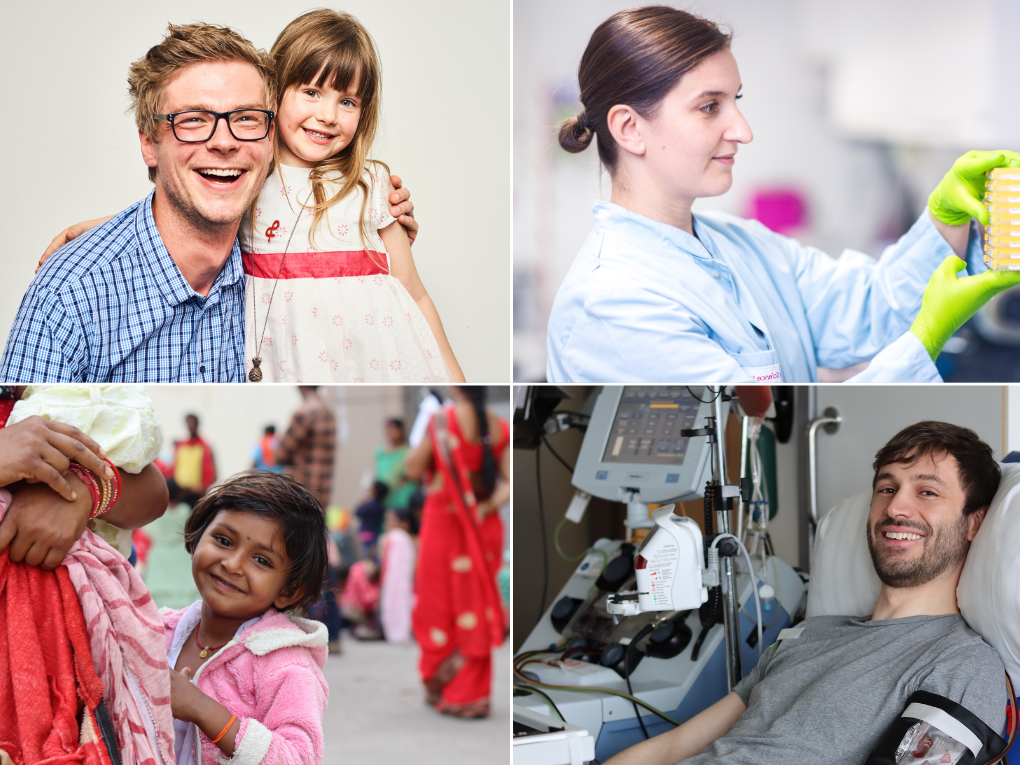 Four-photo collage representing DKMS three pillars: On the top left, a smiling man with glasses embraces a young girl in a white dress. On the top right, a female lab technician wearing green gloves and a lab coat places a stack of sample trays into a machine. On the bottom left, a little girl in a pink hoodie smiles while standing right next to a woman in an outdoor setting. This photo represents the third pillar 'Advance Research and Development'. On the bottom right the donor Marvin is smiling and sitting in a chair donating stem cells through apheresis. He is connected to medical equipment, with tubes leading from his left arm to the machine.