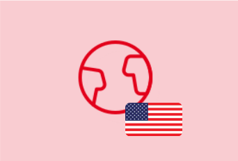 A red globe icon on a pink background with a small overlay of the USA flag in the bottom right corner.
