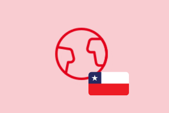 A red globe icon on a pink background with a small overlay of the Chilean flag in the bottom right corner.