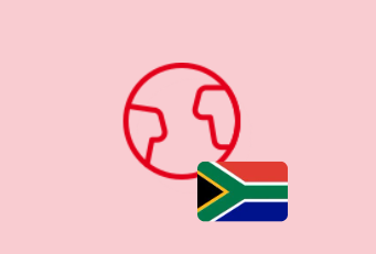 A red globe icon on a pink background with a small overlay of the South African flag in the bottom right corner.