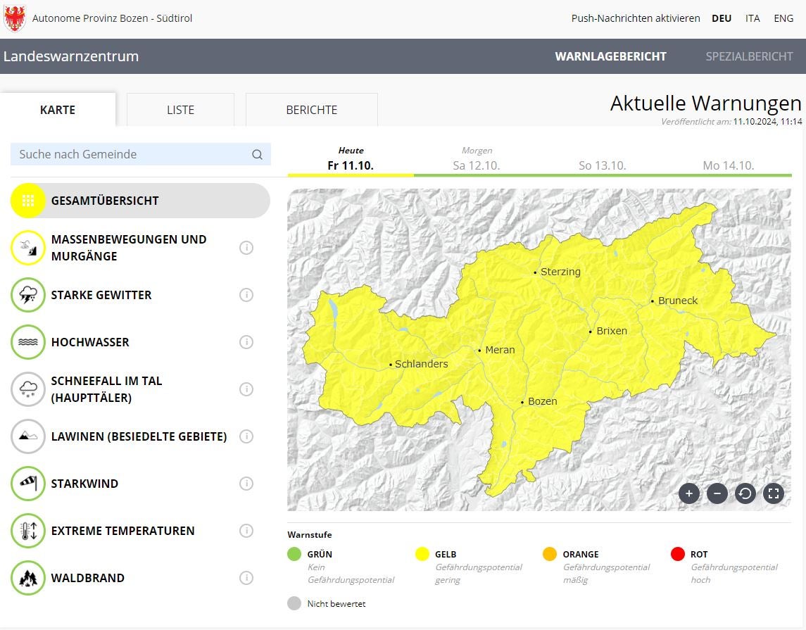 Heute noch Warnstufe Gelb für Massenbewegungen und Murgänge, ab morgen alles im grünen Bereich: Angesichts der Entspannung der Lage wurde als Fazit der heutigen Bewertungskonferenz in der Agentur für Bevölkerungsschutz beschlossen, den Zivilschutzstatus Alfa auf Normalzustand Zero zurückzustufen. (Quelle: Warnlagebericht des Landeswarnzentrums in der Agentur für Bevölkerungsschutz)