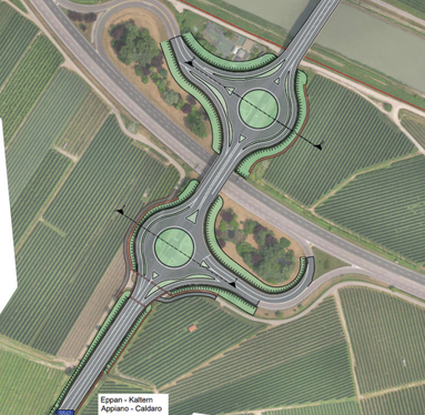 Die Ausschreibung der Arbeiten für den Bau zweier Kreisverkehr an der MeBo-Einfahrt Eppan wurde veröffentlicht. Das Bild zeigt den Lageplan des geplanten Bauvorhabens. (Foto: LPA/Ressort für Mobilität und Infrastrukturen)