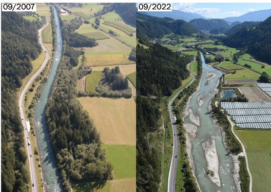 Luftaufnahme der Rienz im Bereich der Ilsterner Au vor (2007) und nach (2022) der Revitalisierung (Fotos: Agentur für Bevölkerungsschutz)
