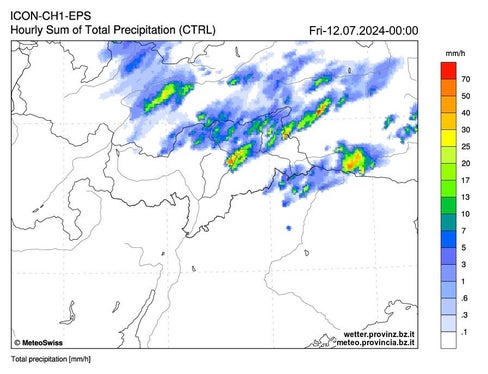 Das neue Wettermodell ICON kann auf der Homepage des Wetterdienstes eingesehen werden; im Bild der Blick auf die morgigen Niederschläge (Screenshot Homepage Wetter Südtirol)